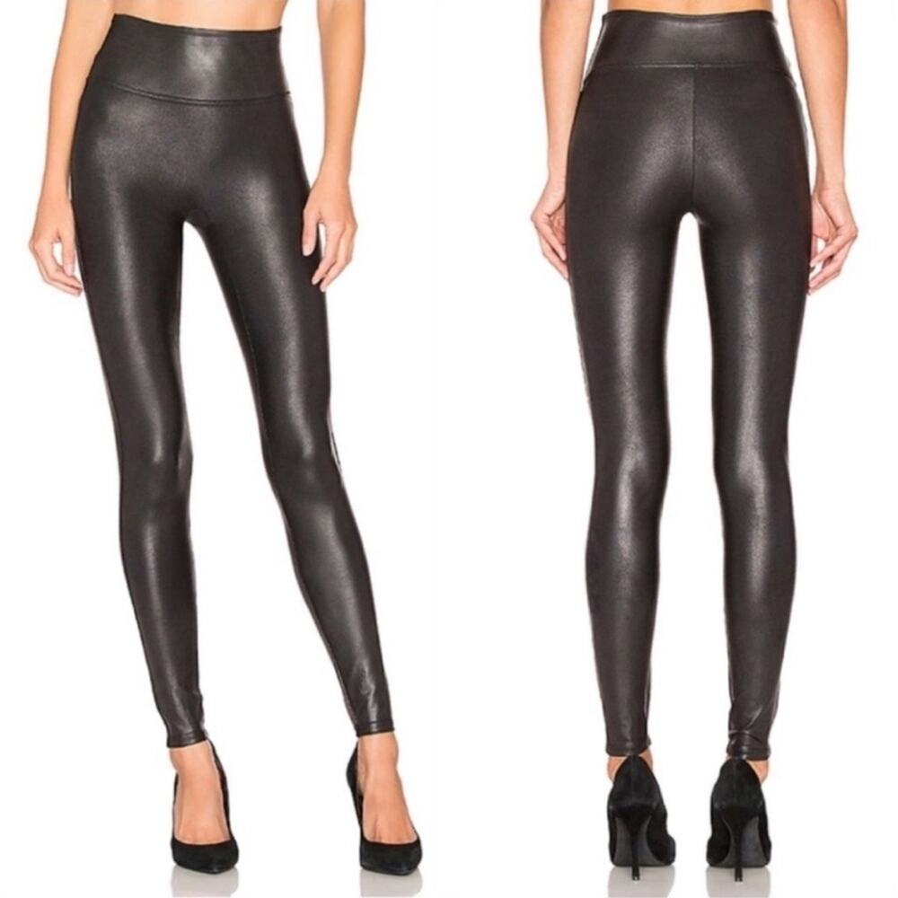 SPANX Leather Look Black Mid High Rise Stretch Pants Yoga Leggings Tights M